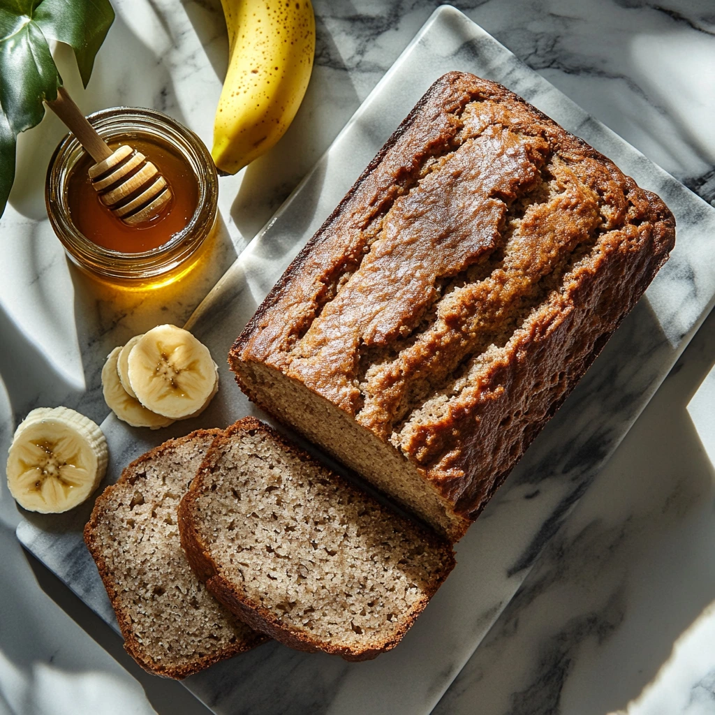 A freshly baked loaf of 4-ingredient banana bread on a wooden cutting board, surrounded by ripe bananas and a knife ready for slicing.