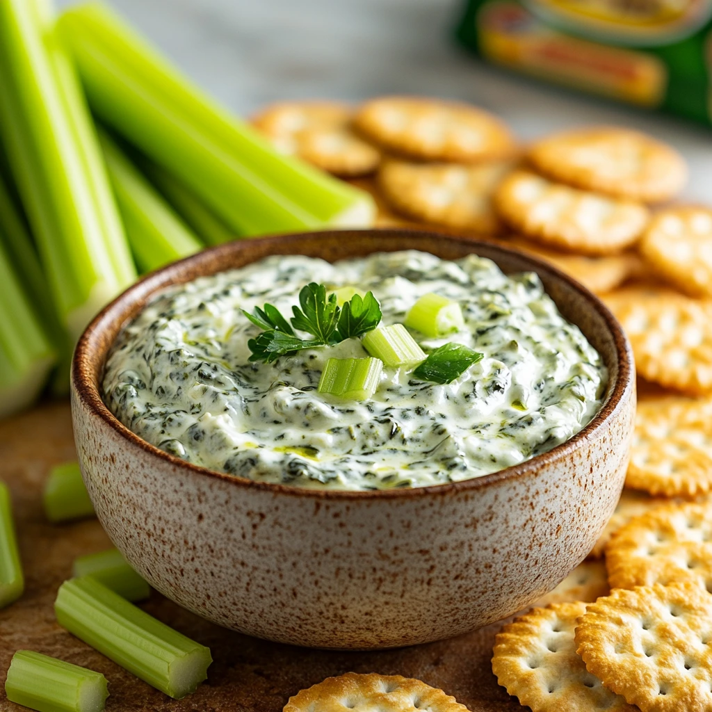 A bowl of creamy Knorr Spinach Dip served with fresh vegetables and crackers.