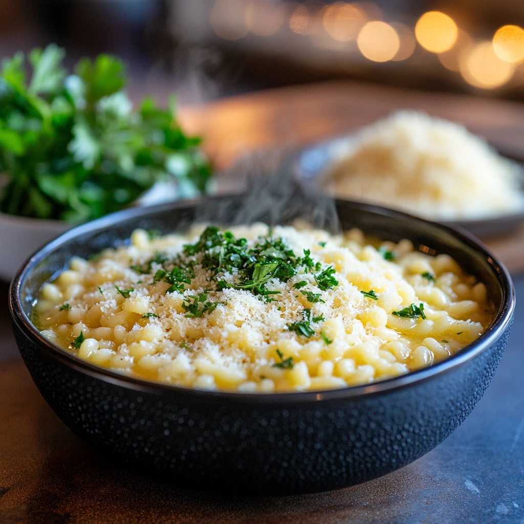 A warm bowl of creamy pastina, garnished with fresh parsley and served with a spoon on a wooden table.