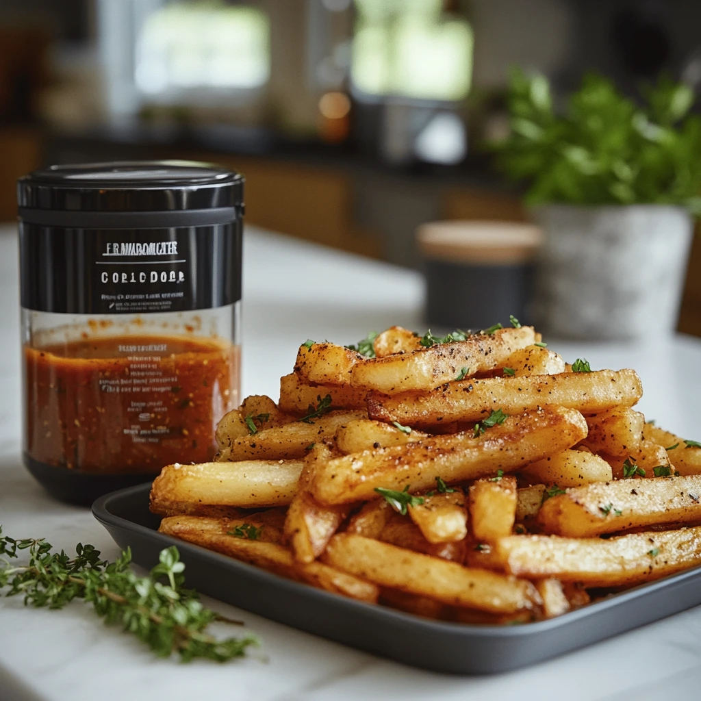 Golden frozen fries cooking in an air fryer basket.