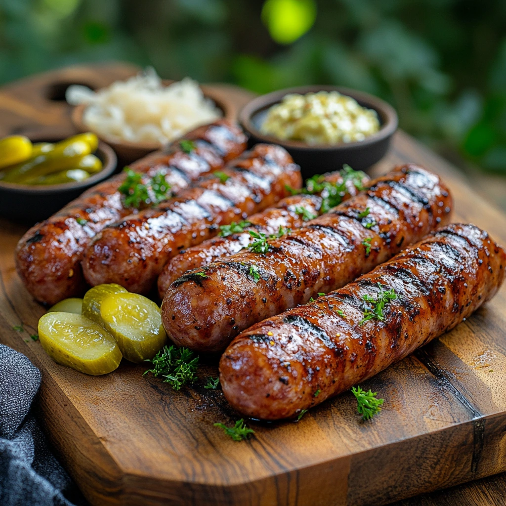 A variety of kielbasa recipes displayed on a wooden table, including stir-fry, soup, and sheet pan meals.