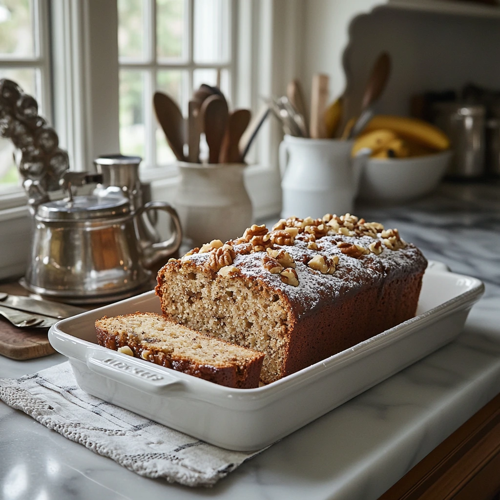 A freshly baked loaf of Martha Stewart’s banana bread, golden brown with a moist texture, served on a wooden cutting board with a few slices cut to reveal its soft crumb.