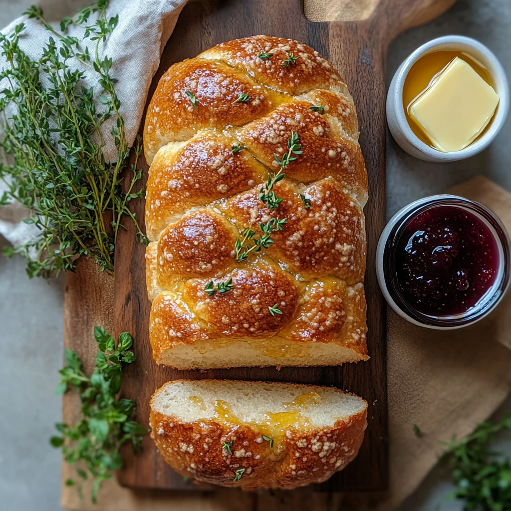 A freshly baked loaf of homemade bread with a golden-brown crust, sliced to reveal its soft and fluffy interior, resting on a wooden cutting board.