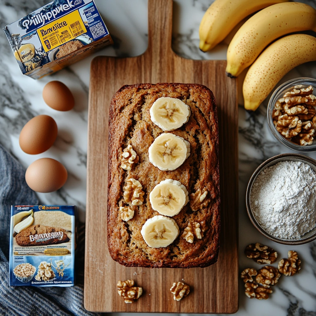 A freshly baked loaf of Pillsbury Banana Bread on a wooden cutting board, surrounded by ripe bananas and a knife for slicing.