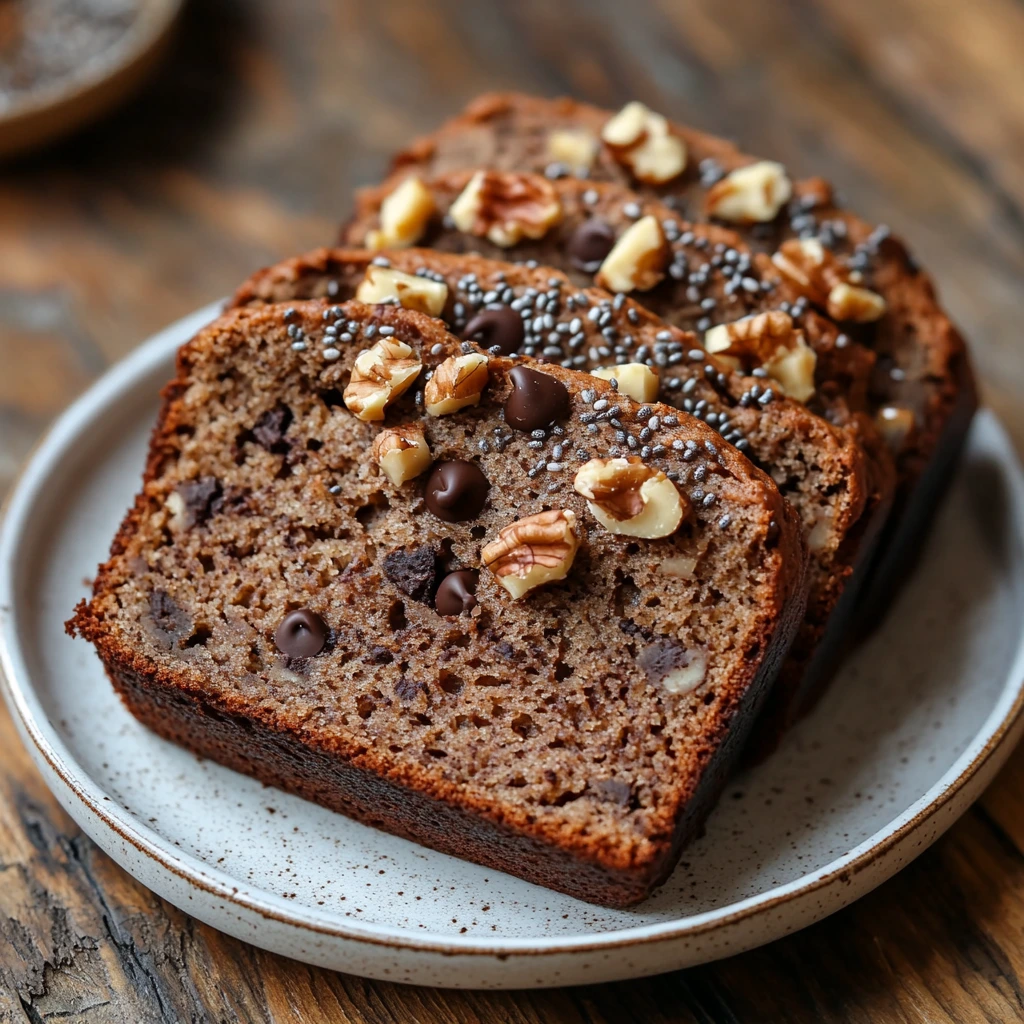 Freshly baked protein banana bread with chocolate chips, walnuts, and chia seeds, sliced and served on a white plate.