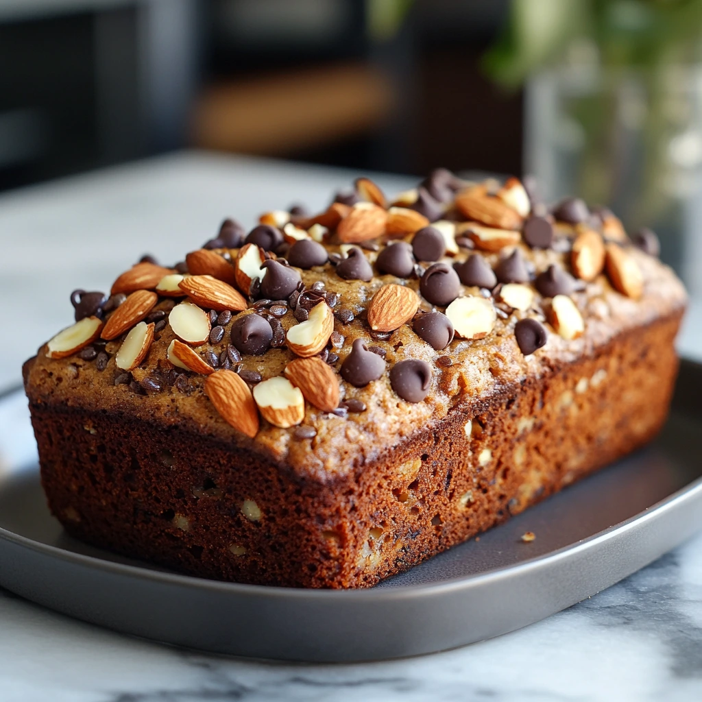 Freshly baked protein banana bread with chocolate chips, walnuts, and chia seeds, sliced and served on a white plate.