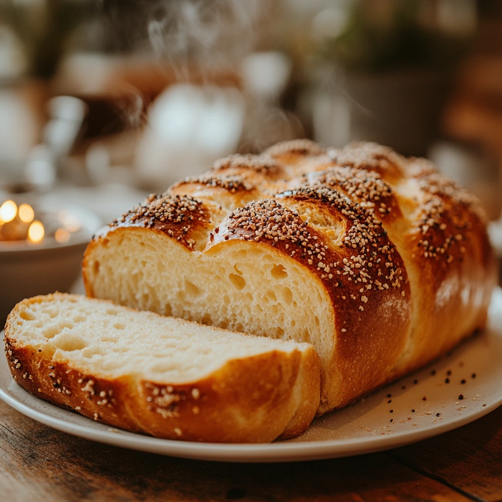 A freshly baked loaf of homemade bread with a golden-brown crust, sliced to reveal its soft and fluffy interior, resting on a wooden cutting board.