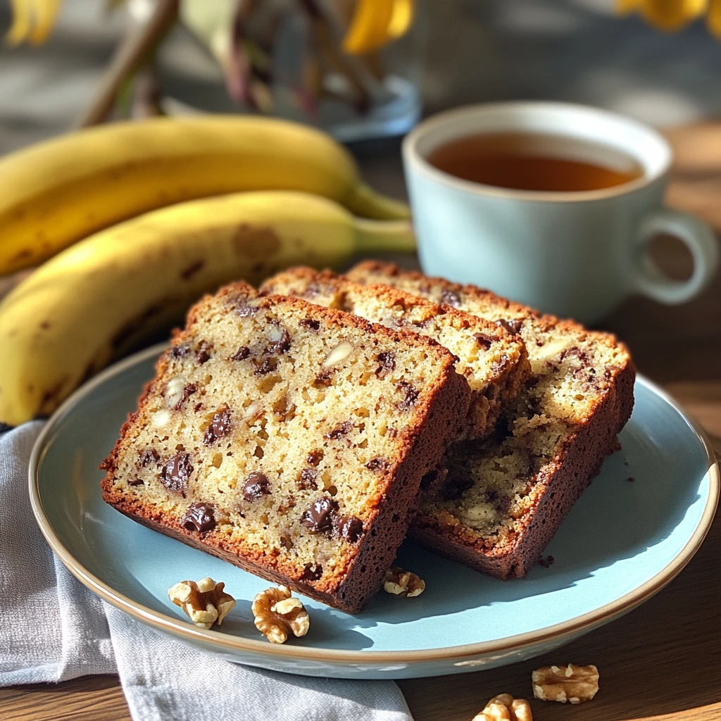 A freshly baked loaf of sourdough banana bread on a wooden cutting board, sliced to reveal its moist texture, surrounded by ripe bananas and a small bowl of flour.