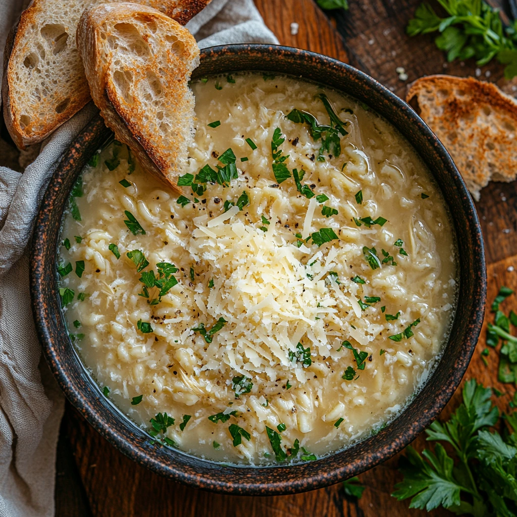 A warm bowl of creamy pastina, garnished with fresh parsley and served with a spoon on a wooden table.