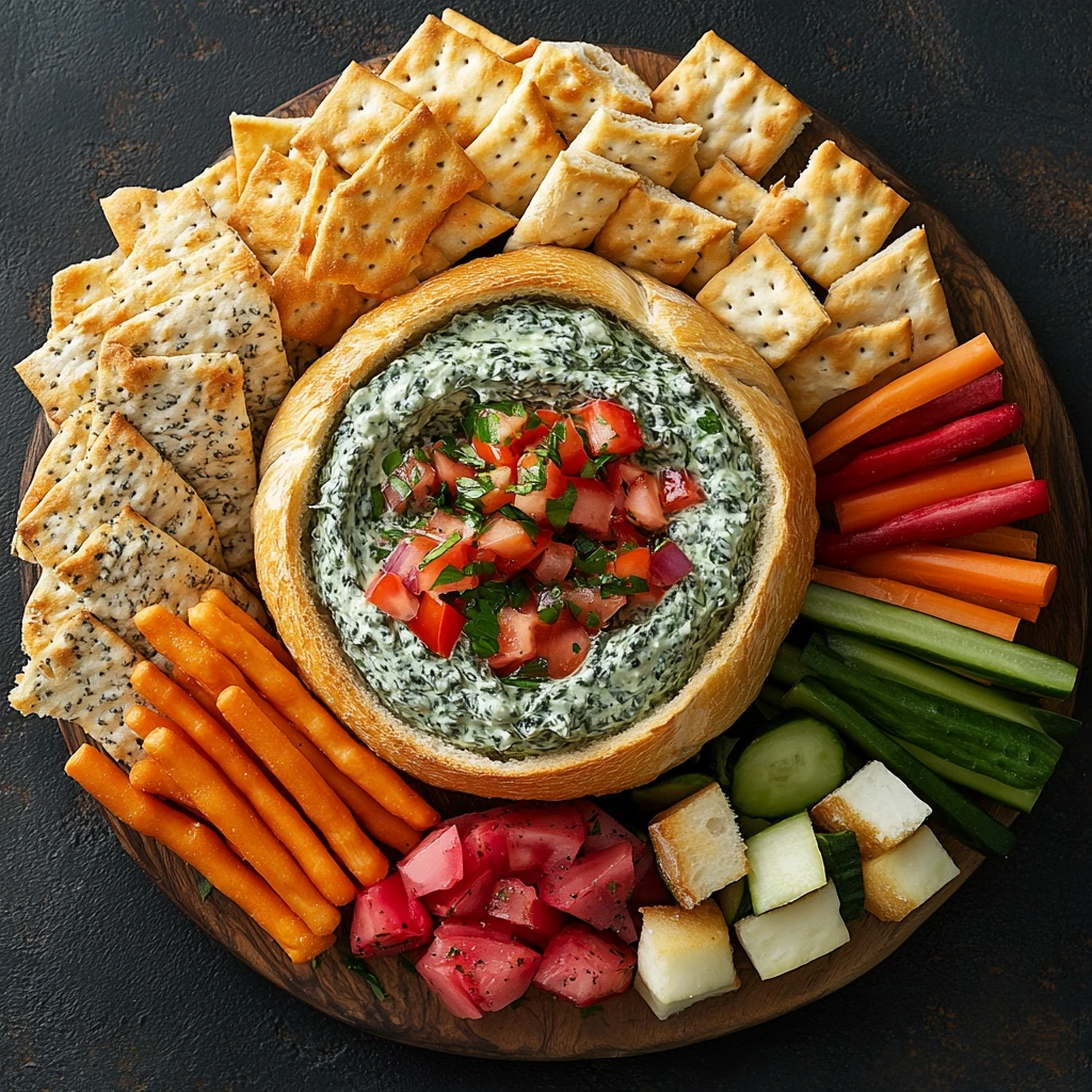 A bowl of creamy Knorr Spinach Dip served with fresh vegetables and crackers.