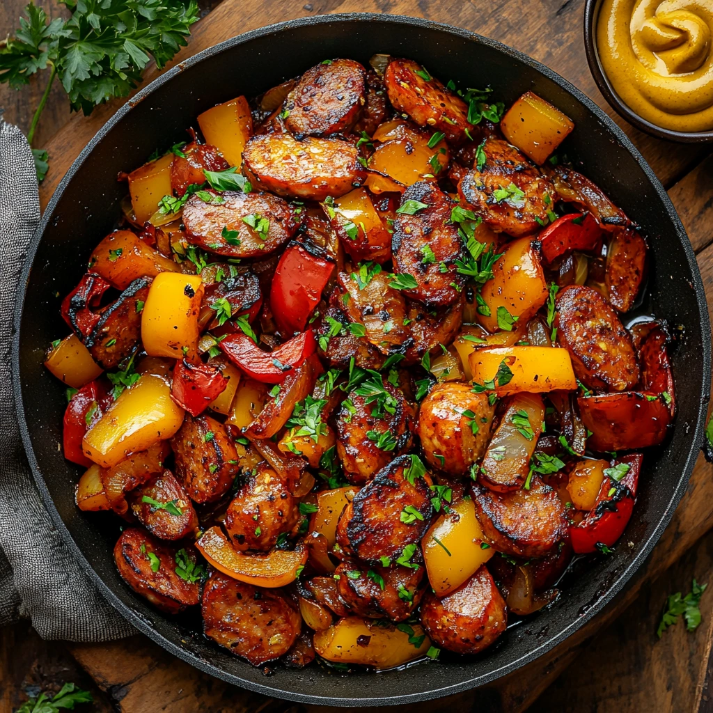 A variety of kielbasa recipes displayed on a wooden table, including stir-fry, soup, and sheet pan meals.