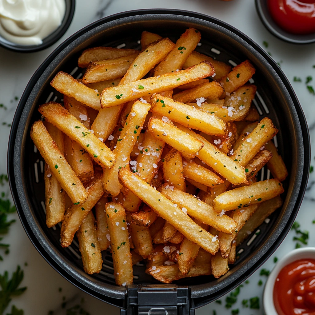 Golden frozen fries cooking in an air fryer basket.