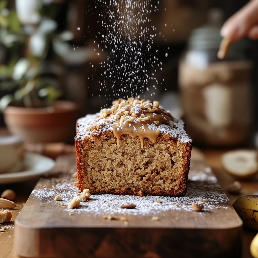 A freshly baked loaf of vegan banana bread with a golden-brown top, sliced on a white ceramic plate, garnished with banana slices and nuts