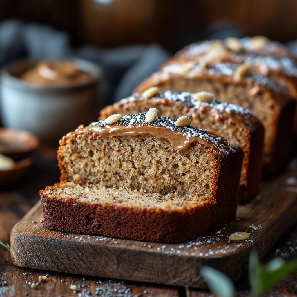 A freshly baked loaf of vegan banana bread with a golden-brown top, sliced on a white ceramic plate, garnished with banana slices and nuts