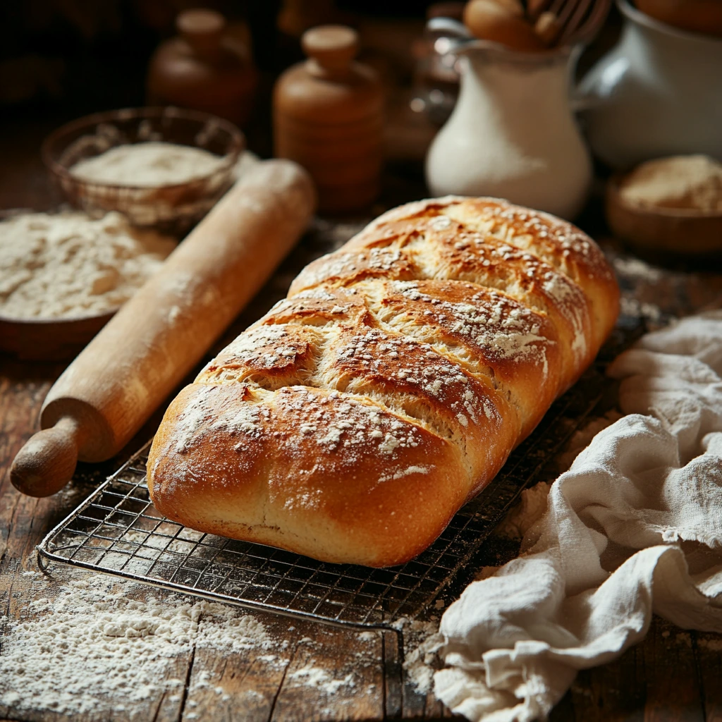 A freshly baked loaf of homemade bread with a golden-brown crust, sliced to reveal its soft and fluffy interior, resting on a wooden cutting board.