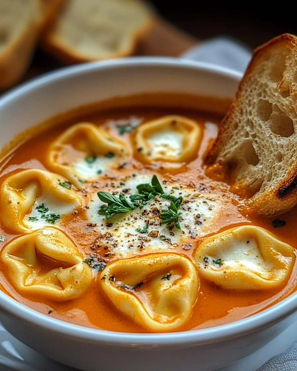 Slow Cooker Tomato Tortellini Soup with Cheddar Toast Bites