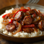 inesboulila A hearty plate of sausage with sauteed onions and b 00ba8763 fdde 4e6e a95e ce21775bd761