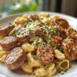 inesboulila A plate of garlic butter sausage bites with creamy 878790a8 7b00 4ddc b80b b42418f0621a