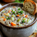 inesboulila A rustic bowl of Cozy Autumn Wild Rice Soup filled 231f246f 65d2 4015 888a 6b0cb837ac8b
