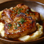 inesboulila A rustic ceramic plate featuring golden seared pork 9803fa2a 91af 400c b61c 94aabc60a158