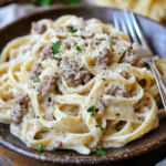 inesboulila A plate of Ground Beef Alfredo served on a rustic c 6a139141 c693 43e7 884a 1804ded19d38