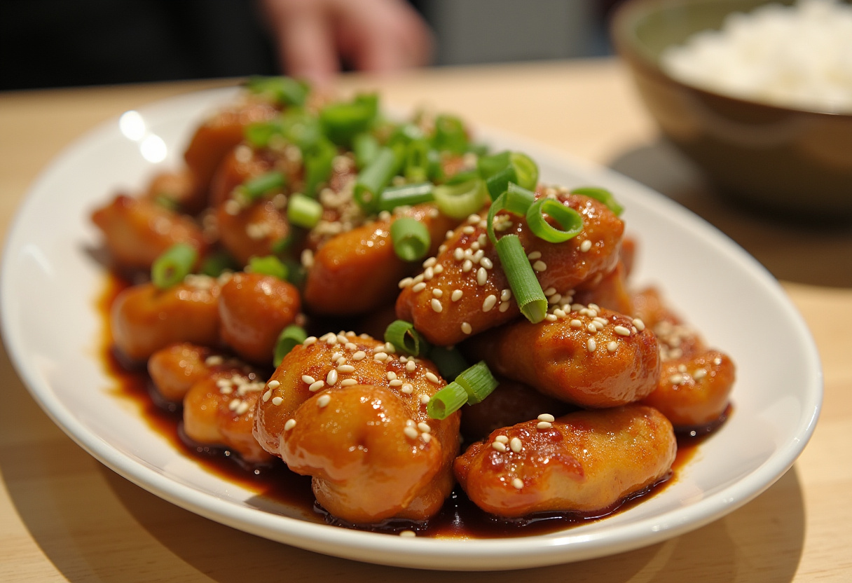 Finished Air Fryer Orange Chicken with sesame seeds and green onions, served with steamed rice.