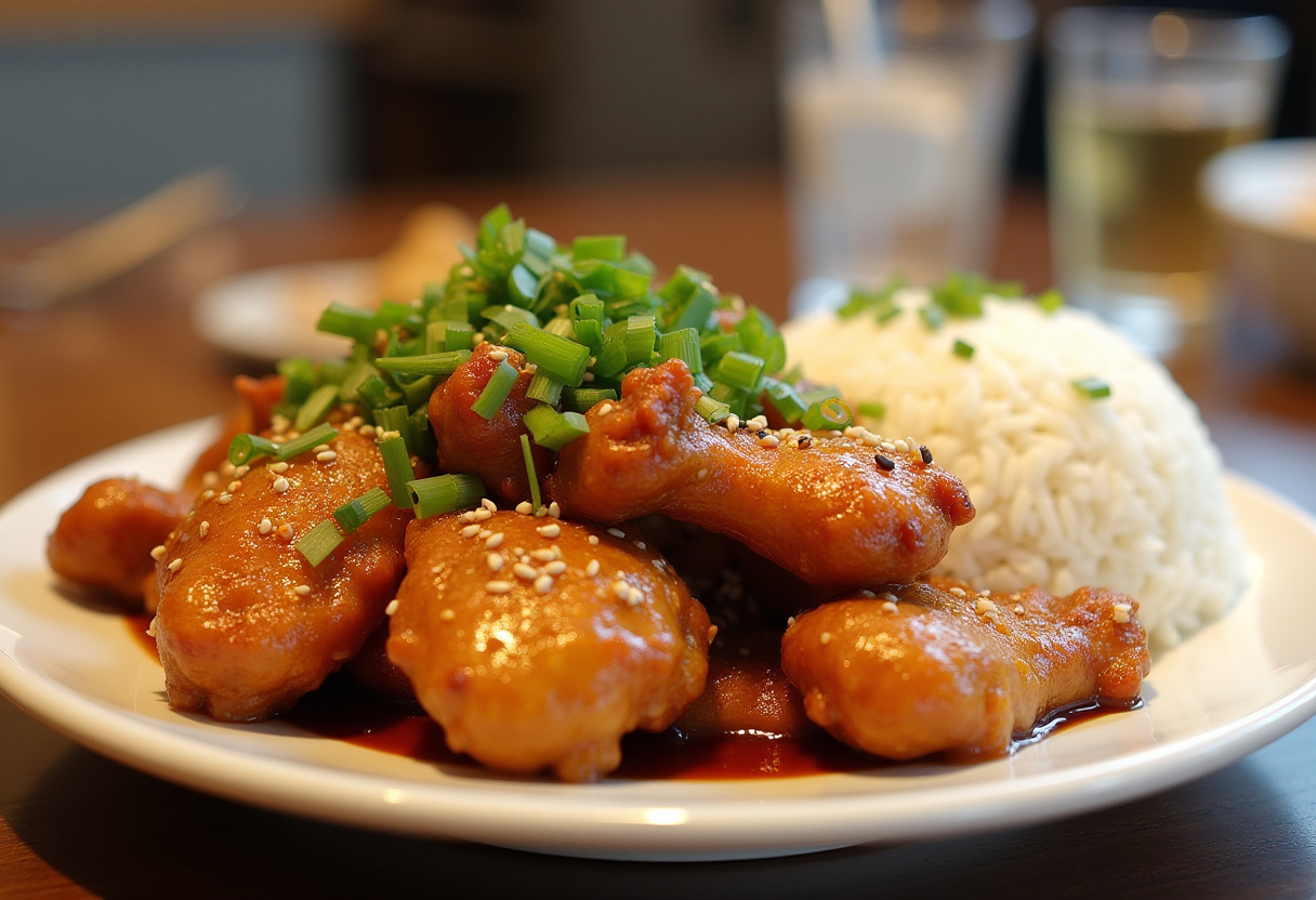 Finished Air Fryer Orange Chicken with sesame seeds and green onions, served with steamed rice.
