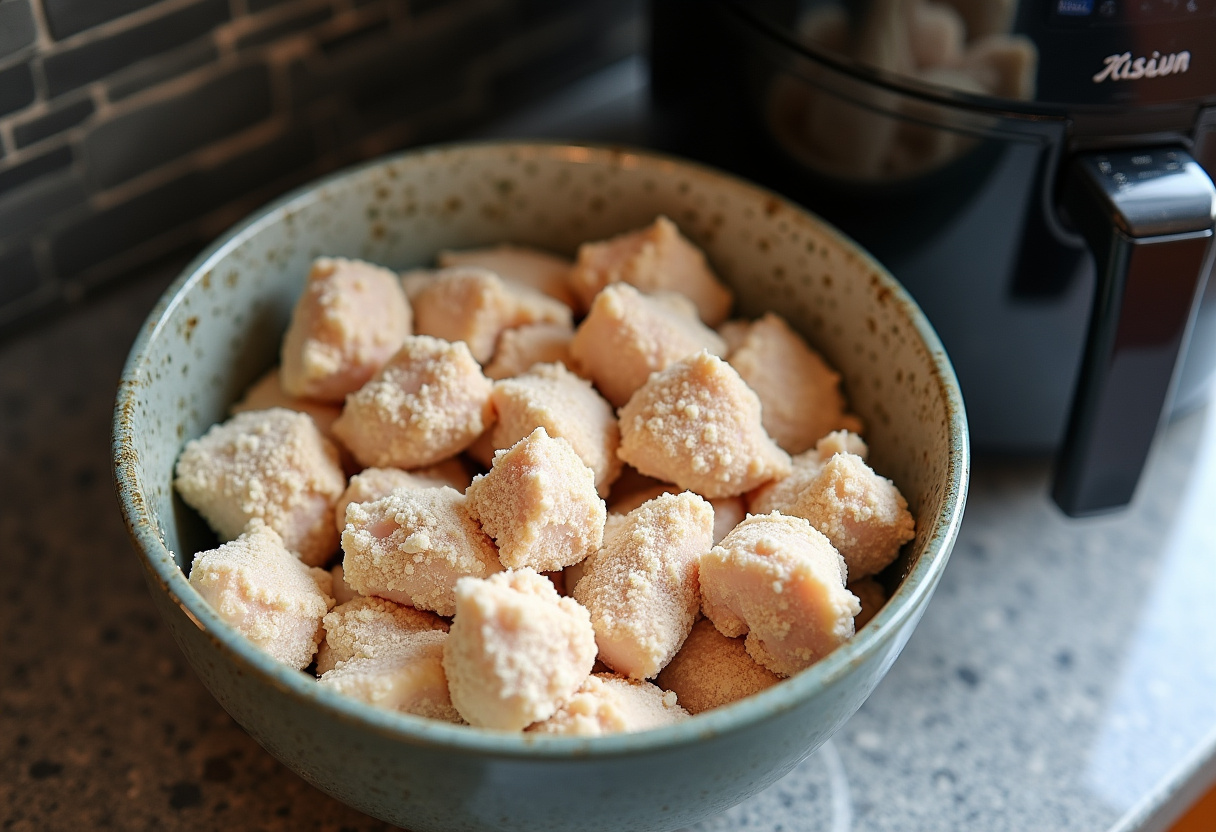 Bite-sized chicken pieces coated in flour mixture for Air Fryer Orange Chicken.
