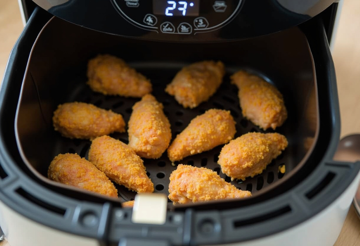 Coated chicken pieces arranged in the air fryer basket for cooking.