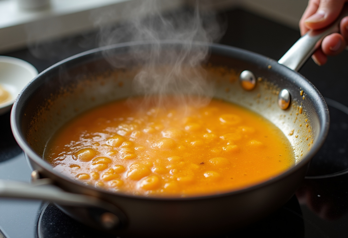 Simmering orange sauce for Air Fryer Orange Chicken on the stove.