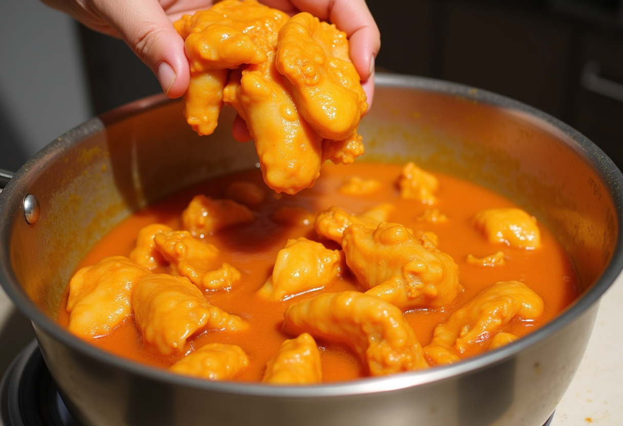 Cooked chicken pieces coated in orange sauce for Air Fryer Orange Chicken.