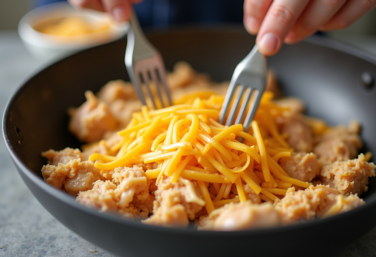 Shredded chicken mixed with melted cheese for Cheesy Garlic Chicken Wraps.