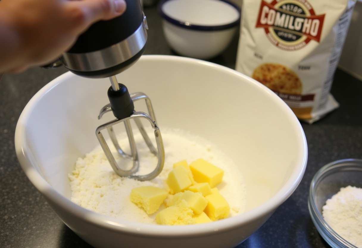 Butter and sugar being mixed in a bowl for Cookies and Cream Cookies.