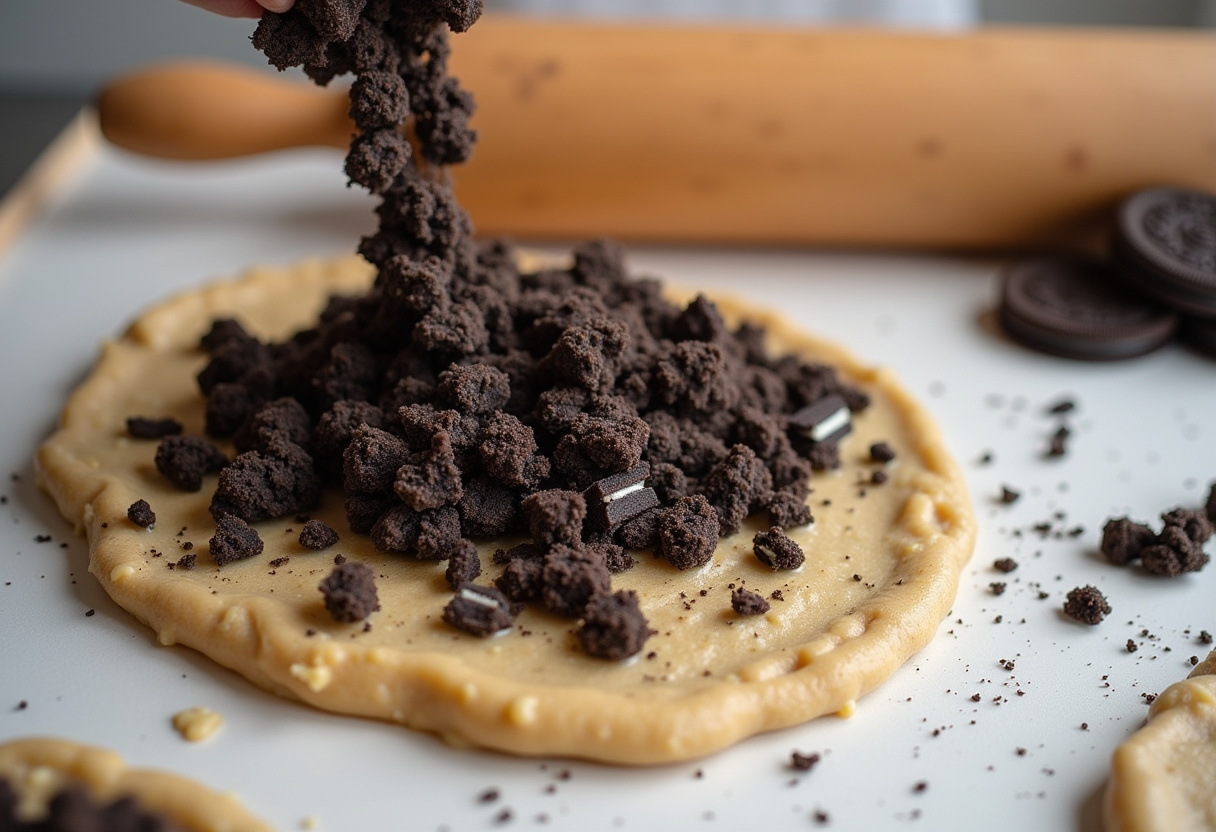 Crushed Oreo cookies mixed into dough for Cookies and Cream Cookies.