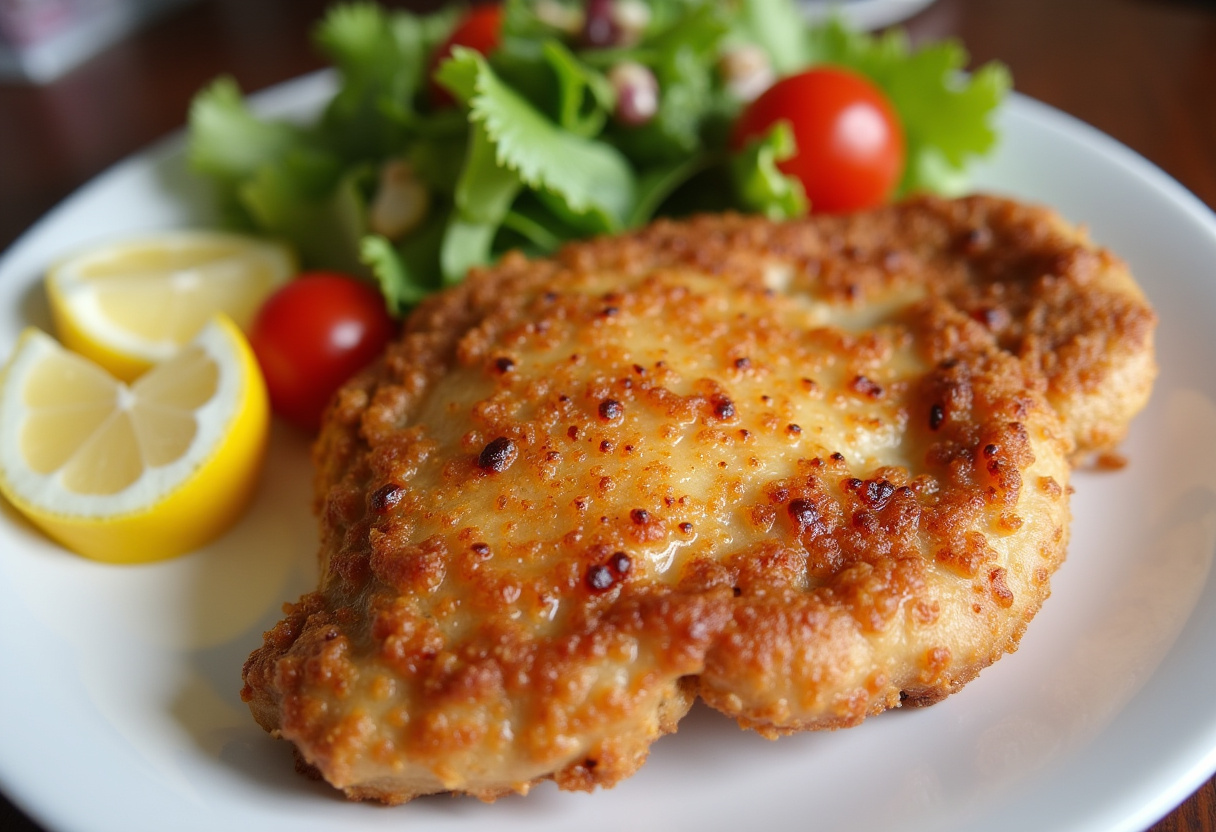 Crispy air-fried chicken breast with salad and lemon, ready to serve.
