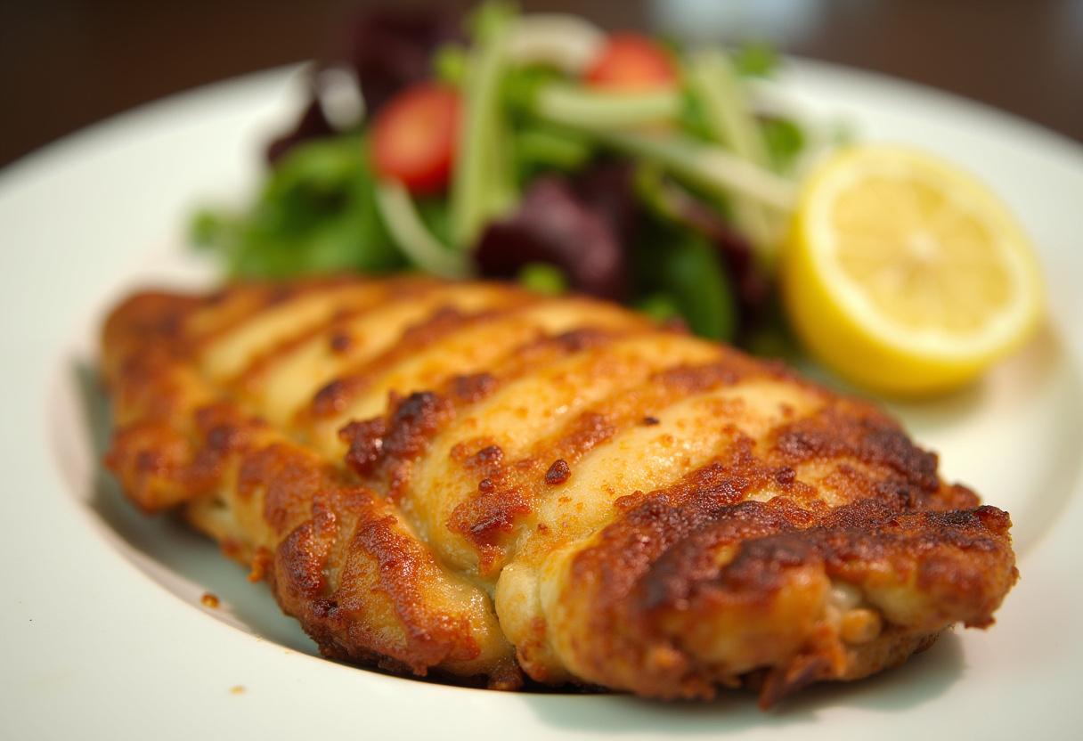 Crispy air-fried chicken breast with salad and lemon, ready to serve.