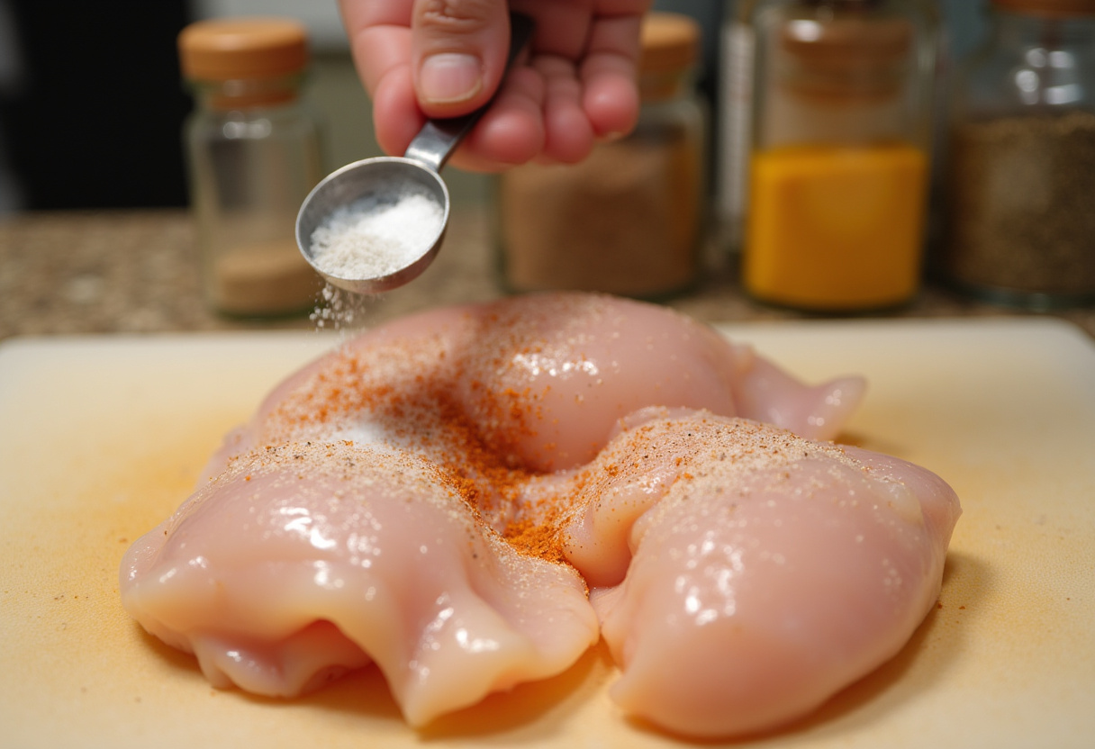 Chicken breasts seasoned with salt, pepper, and paprika for crispy air fryer recipe.
