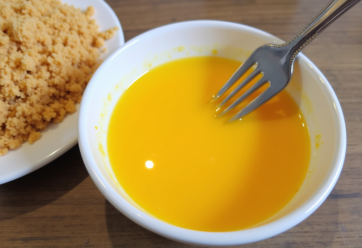 Beaten eggs and breadcrumbs prepared for coating chicken breasts in air fryer.