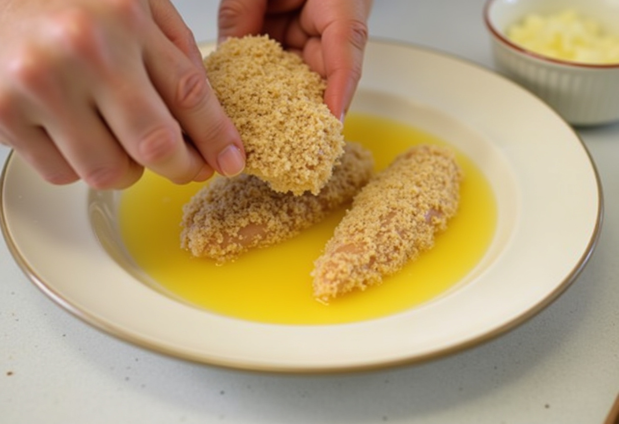 Chicken breast coated with breadcrumbs for air frying.