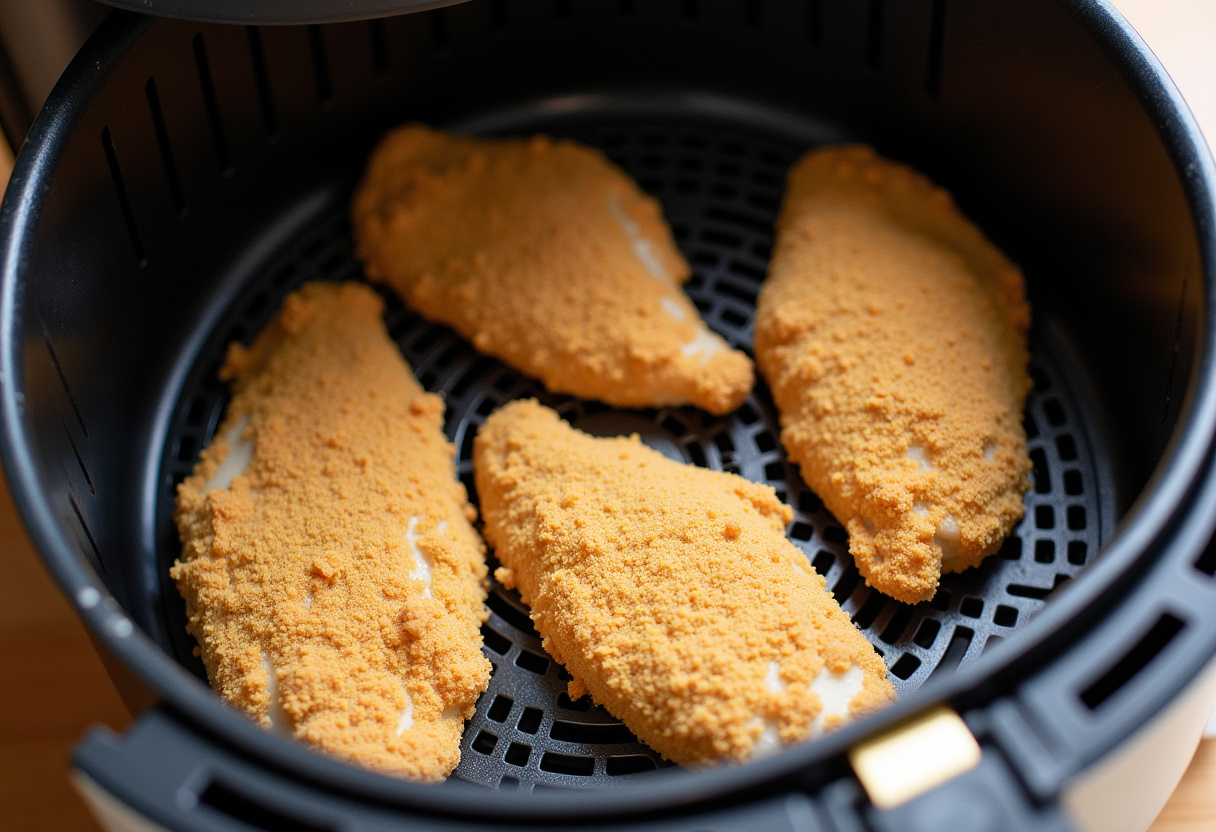 Breaded chicken breasts placed in air fryer basket for cooking.