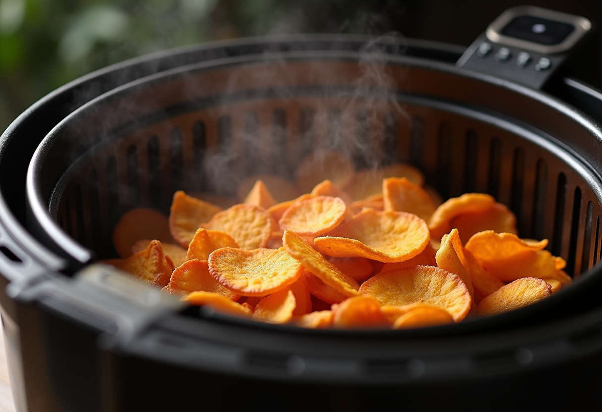 Sweet potato chips cooking in an air fryer, turning golden and crispy.