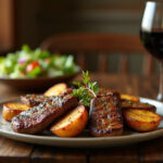 Delicious Garlic Butter Steak Bites and Potatoes served on a rustic table for dinner.