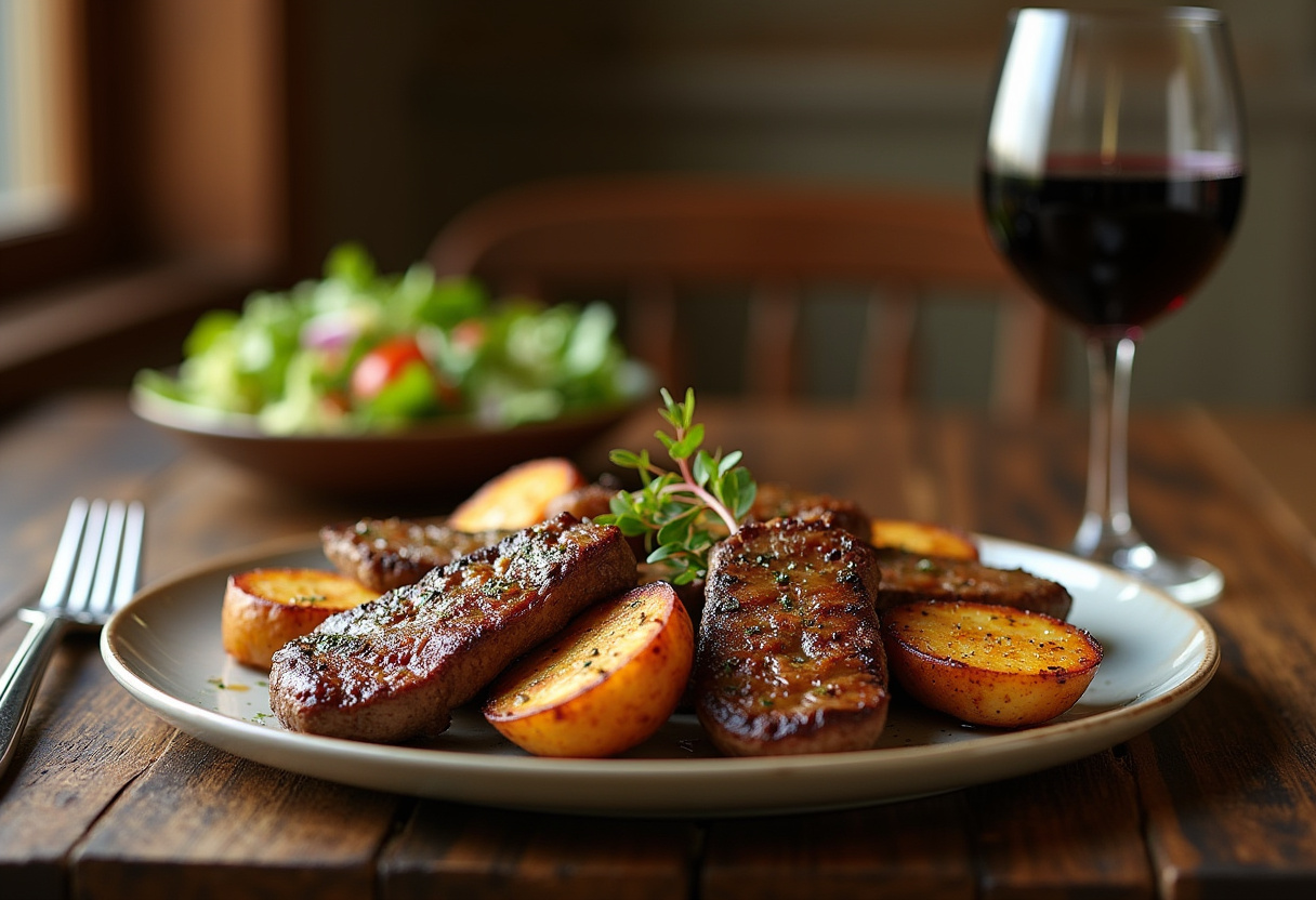 Delicious Garlic Butter Steak Bites and Potatoes served on a rustic table for dinner.