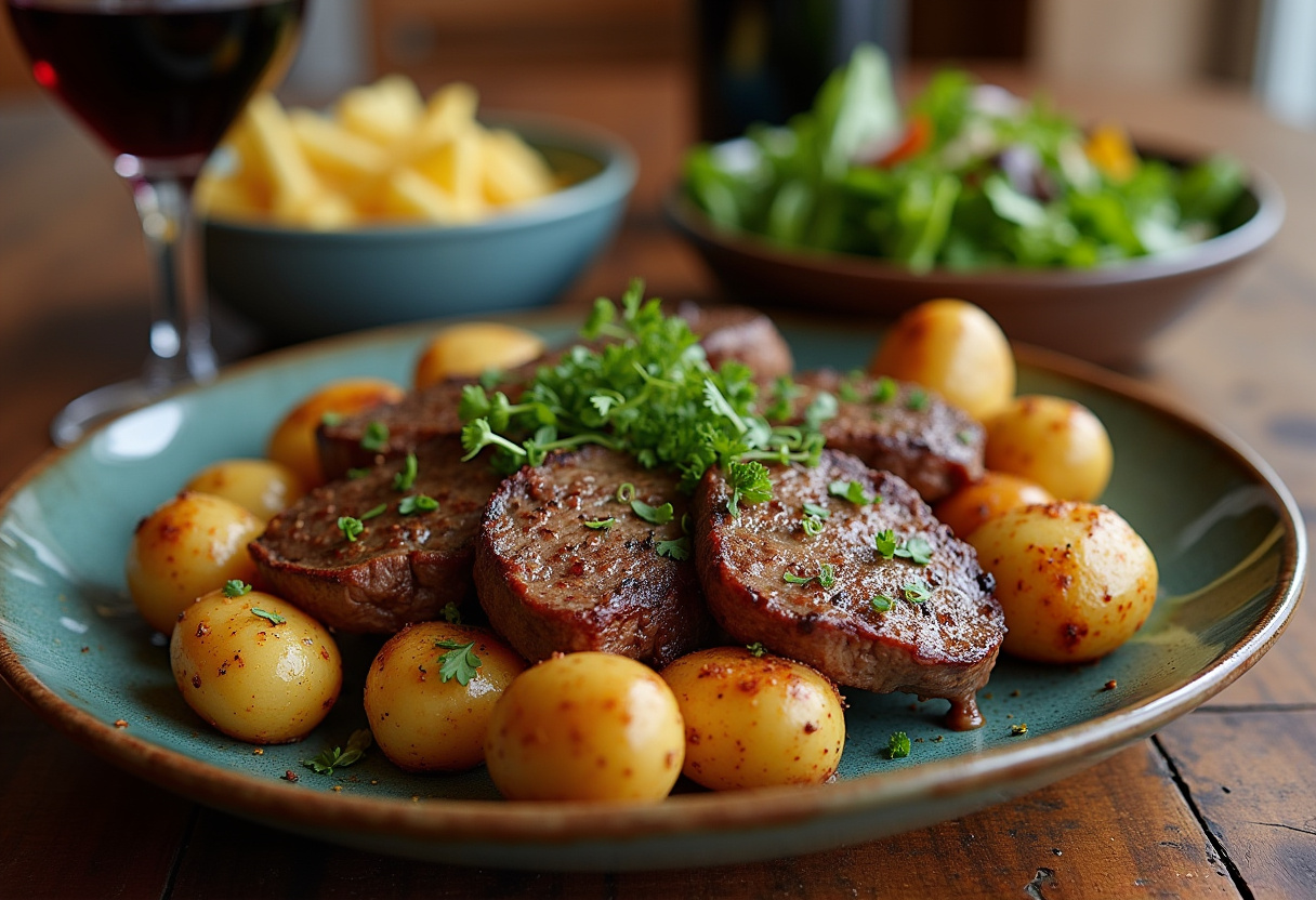 Delicious Garlic Butter Steak Bites and Potatoes served on a rustic table for dinner.