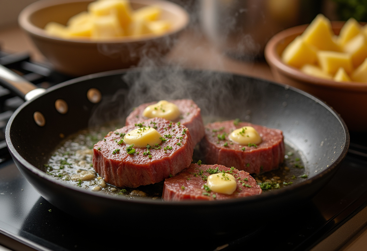Skillet with melted garlic butter heating for Garlic Butter Steak Bites and Potatoes.