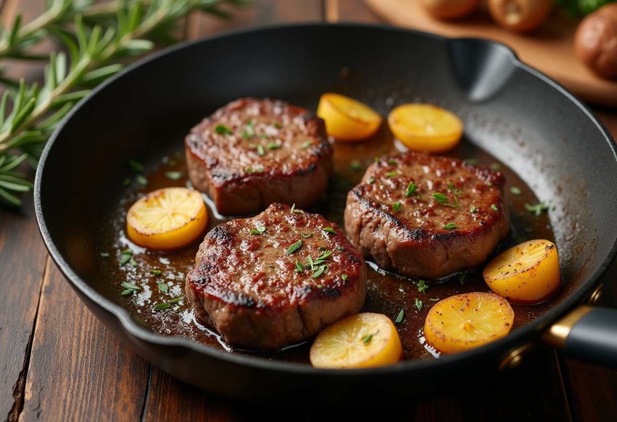Steak bites and potatoes cooking in garlic butter in a skillet.