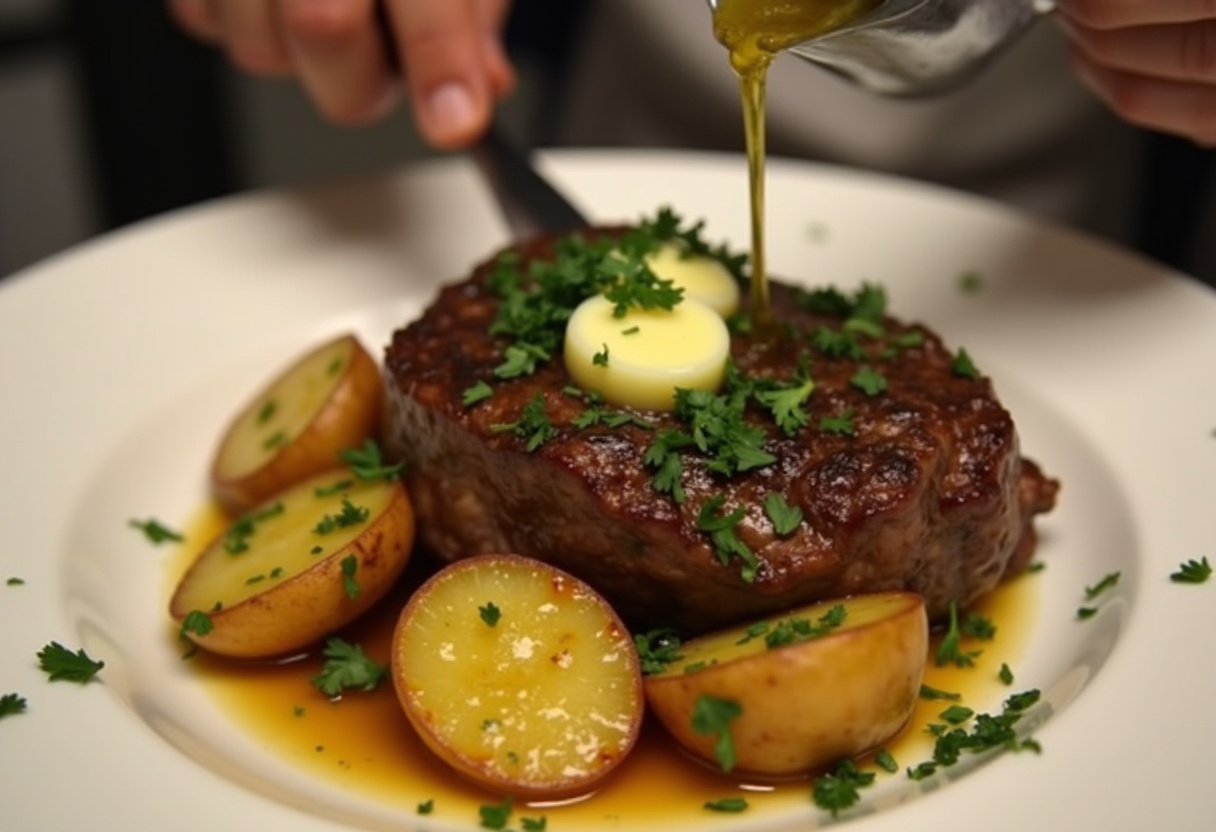 Garlic Butter Steak Bites and Potatoes plated and garnished with parsley.