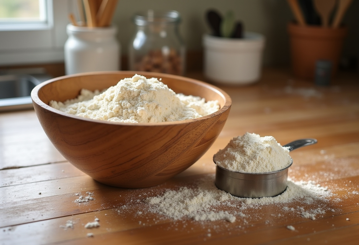 Sourdough discard and whole wheat flour prepared for making Healthy Sourdough Discard Apple Bread.