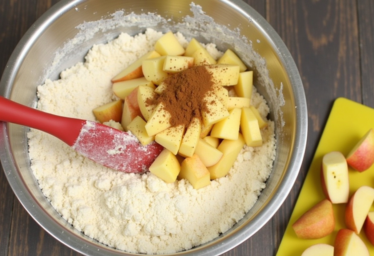 Diced apples and cinnamon being folded into sourdough mixture for apple bread.