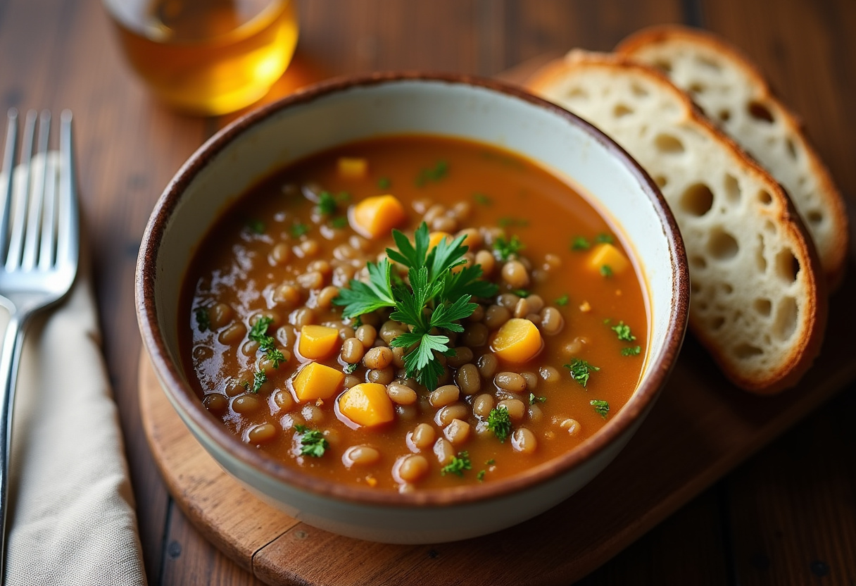 Finished Hearty Lentil and Potato Soup garnished with parsley, served with crusty bread.